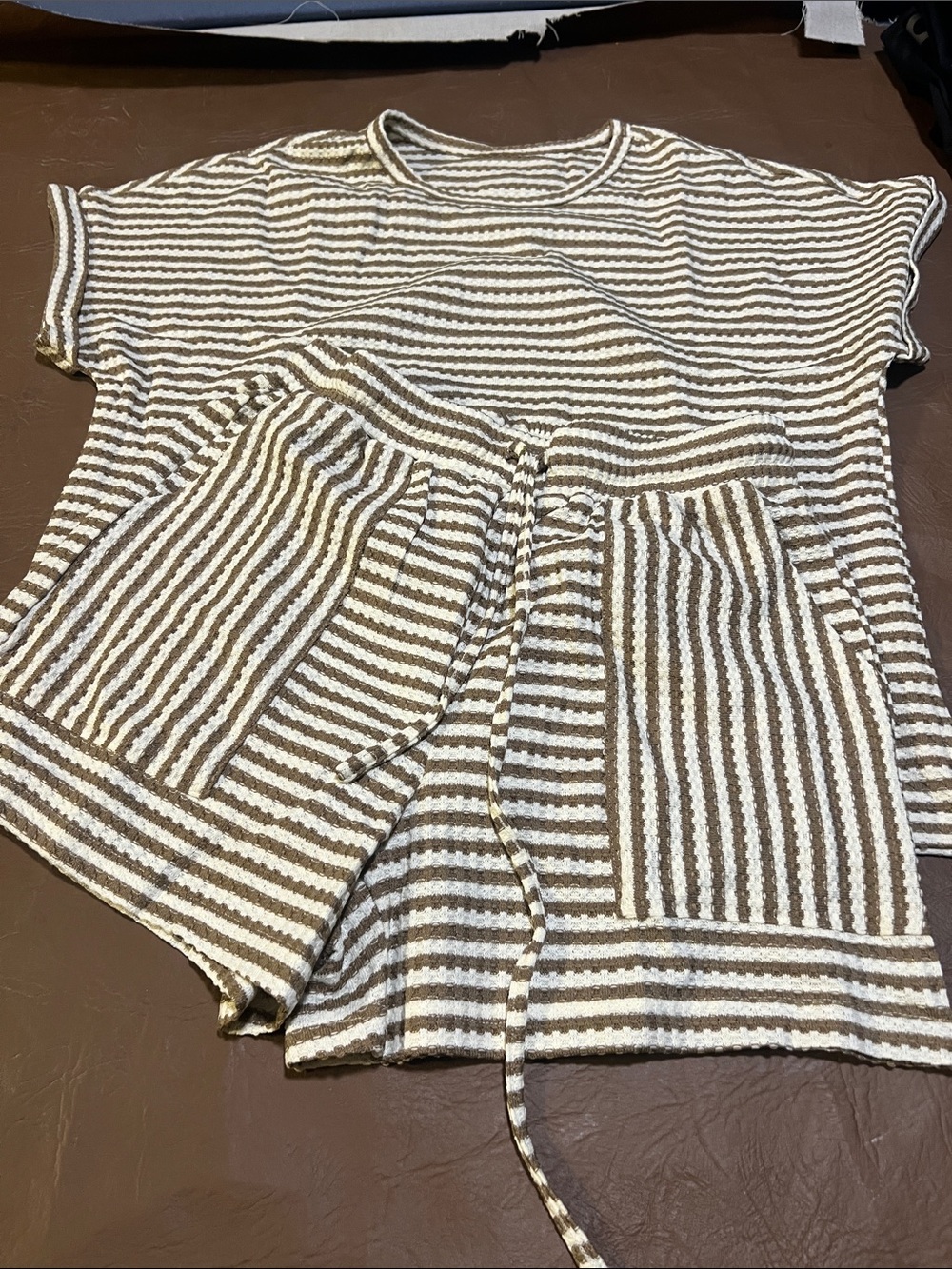 Striped Knit Short Set - Cream and Tan Lounge Set